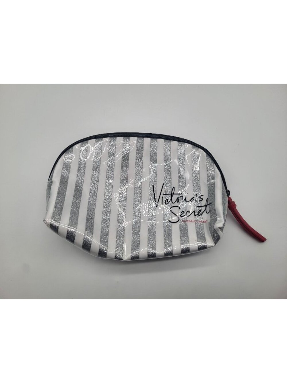 Victoria’s Secret Cosmetics Makeup Bag Pouch White W/ Silver Glitter Stripes